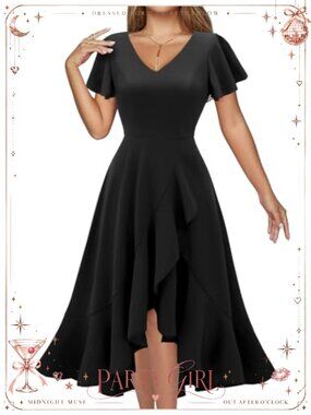 Women's V-Neck Ruffle Midi Cocktail Formal Wedding Guest Dress